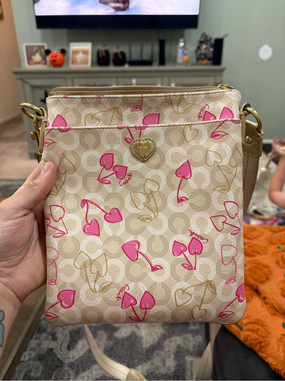 Vintage Coach Beige Crossbody Bag with Pink Heart cherry Print